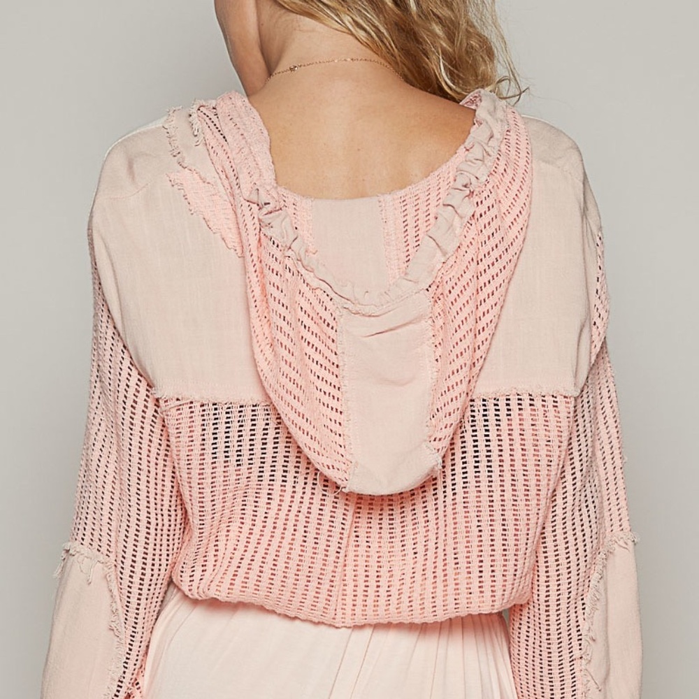 New POL Open Knit See Through Button Down Hoodie Top Frayed Edges Long Sleeve - Picture 3 of 5